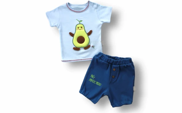 3-6 6-9 9-12 12-18 Ay Avokado Nakışlı Kısa Kollu Sweatli Şortlu 2li Kız-erkek Bebek Takımı Mavi ürün görseli 1