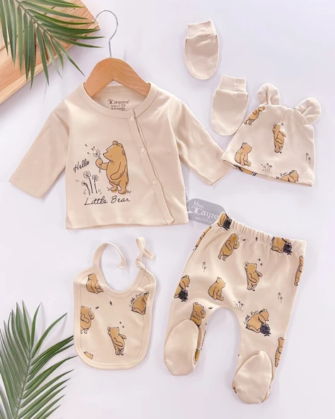 Hello Little Bear Baskılı 5 Parça %100 Pamuk Erkek Bebek Hastane Çıkışı ürün görseli 1
