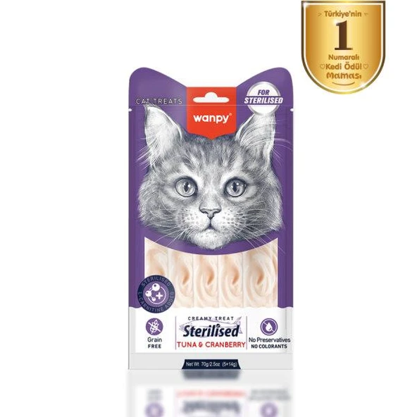 Wanpy Ton Balıklı -Kızılcıklı  Kısırlaştırılmış Kedi Krema Ödülü 5×14 Gr ürün görseli 1