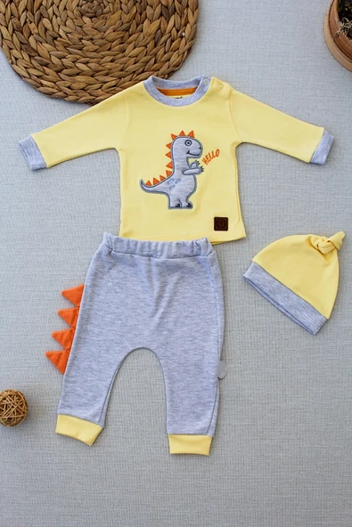 3-6 6-9 9-12 Ay Minik Dino Nakışlı Şapkalı Uzun Kollu Sweat 3lü Kız-erkek Bebek Takımı Sarı ürün görseli 1