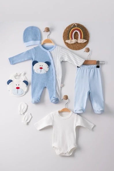 Ayıcık Nakışlı Tulumlu % 100 Pamuk Erkek Bebek 5'li Set ürün görseli 1