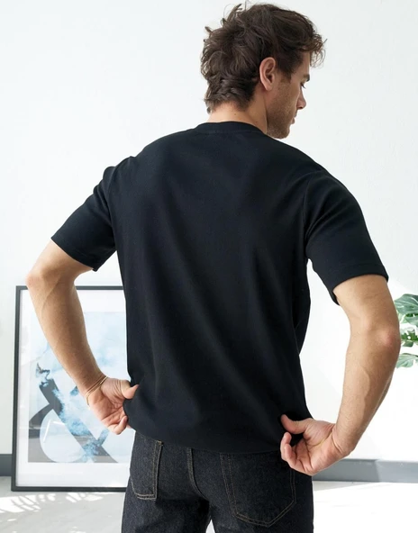 Erkek Siyah Fitilli Henley Yaka Basic Tişört - Resim 3