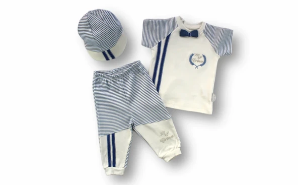 3-6 6-9 9-12 Ay My Prince Nakışlı Şapkalı Kısa Kollu Sweatli 3lü Erkek Bebek Takımı Ekru ürün görseli 1