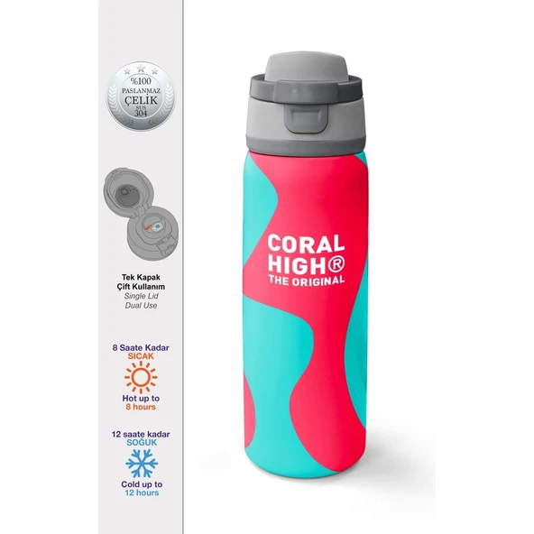 Coral High Neon Mercan Turkuaz Desenli Pipetli ve Direkt Içim Çelik Termos 800 ml 38545 ürün görseli 1