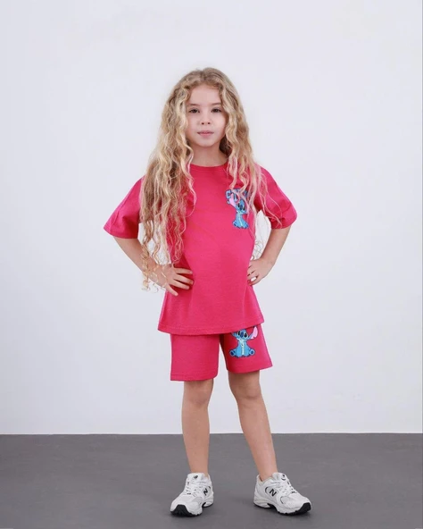 Cg Kids Stitch Kız Çocuk Tshirt Şort Alt Üst Takım Sırt Baskı Detaylı ürün görseli 1