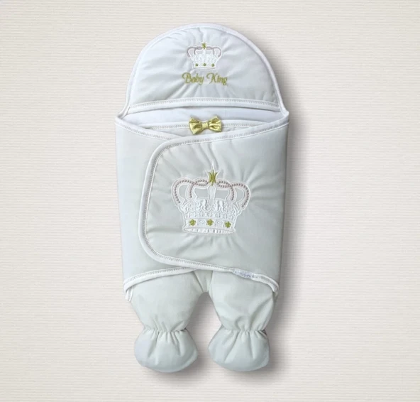 Yenidoğan King Baby Taç Nakışlı Ayaklı Erkek Bebek Kundak Ekru ürün görseli 1