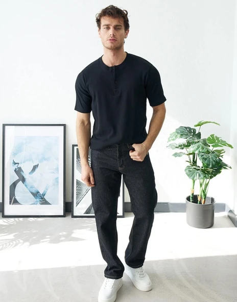 Erkek Siyah Fitilli Henley Yaka Basic Tişört - Resim 4