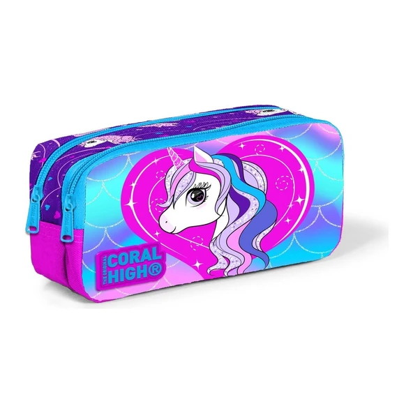 Coral High Kids Mavi Unicorn Desenli Iki Bölmeli Kalem Çantası 22397 ürün görseli 1