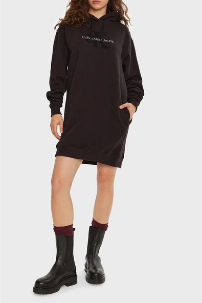 Calvin Klein CHENILLE MONOLOGO HOODIE DRESS Kadın Siyah Elbise J20J224685-BEH ürün görseli 1