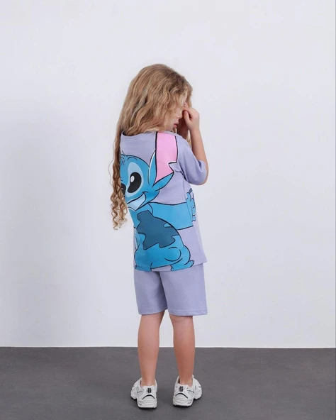 Cg Kids Stitch Kız Çocuk Tshirt Şort Alt Üst Takım Sırt Baskı Detaylı Lila Renk ürün görseli 1