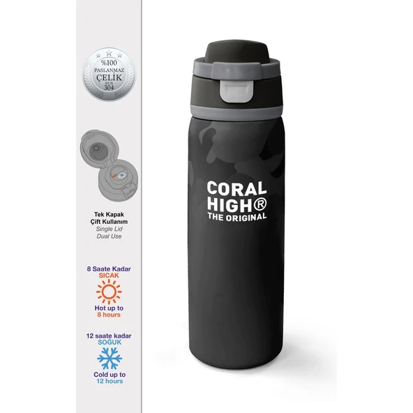 Coral High Siyah Kamuflaj Desenli Pipetli ve Direkt Içim Çelik Termos 800 ml 38516 ürün görseli 1