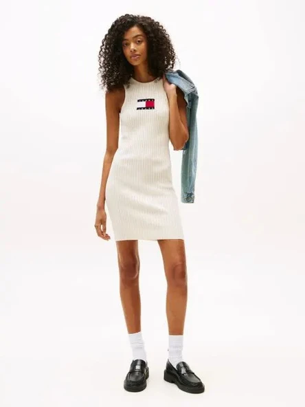 Tommy Hilfiger TJW FLAG SWEATER MINI DRESS EXT Kadın Beyaz Elbise DW0DW20877YBL ürün görseli 1