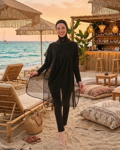 Büyük Beden Dik Yaka Fermuarlı İç Giyimli Çift Boneli File Elbiseli Tulum Kadın Tesettür Mayo ürün görseli 1