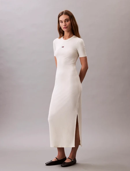 Calvin Klein A - MODAL RIB SS DRESS Kadın Beyaz Elbise LV044C902G-PBA ürün görseli 1