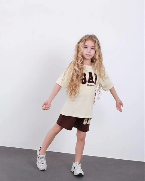 Cg Kids Krem Kahve Süzüne Nakışlı Kız Çocuk Tshirt & Şort Alt Üst Takım Süper Kalite ürün görseli 1