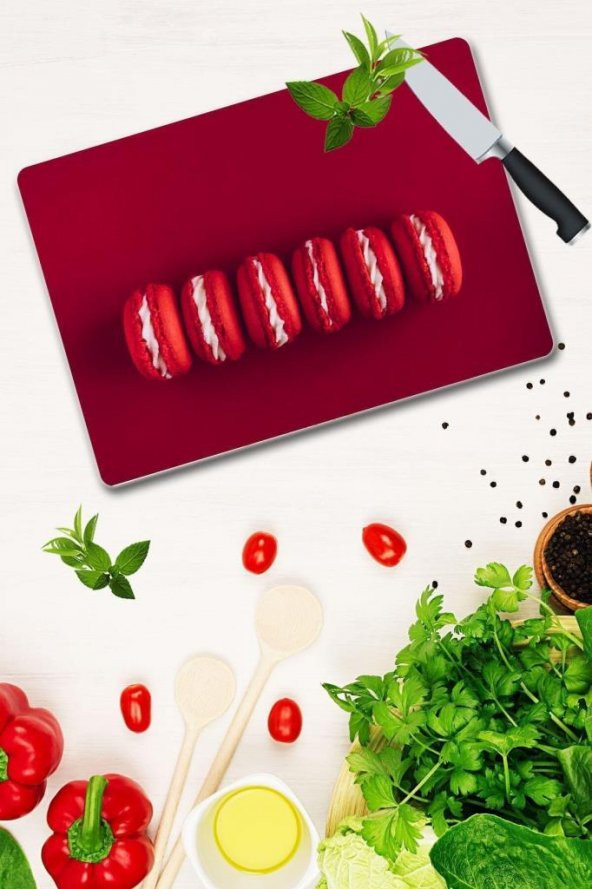 20x30 cm Kırmızı Makaron Desenli Cam Kesim Tablası ürün görseli 1