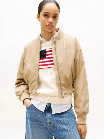 Tommy Hilfiger Kadın Naylon Normal Kesim Kısa Bej Bomber  Ceket WW0WW45634AEH ürün görseli 1