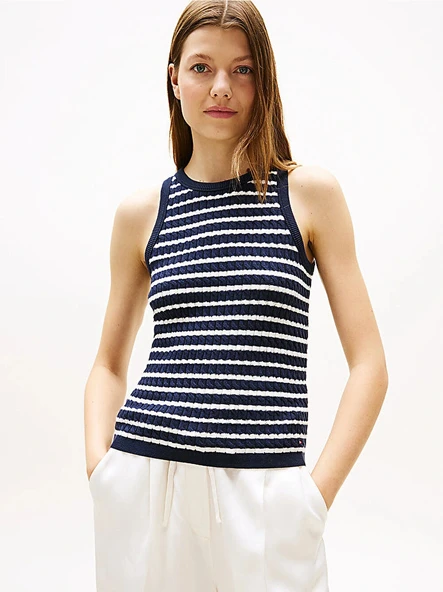 Tommy Hilfiger Kadın Pamuklu İnce Örgü Kolsuz Dar Kesim Lacivert Triko  WW0WW457060BB ürün görseli 1