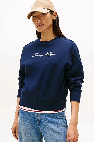 Tommy Hilfiger Kadın Simli Yazı Baskılı Normal Kesim Lacivert Sweatshirt WW0WW47159C1G ürün görseli 1