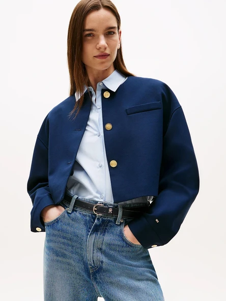 Tommy Hilfiger Kadın Punto Kumaş Kısa Mavi Blazer Ceket WW0WW46519C1G ürün görseli 1