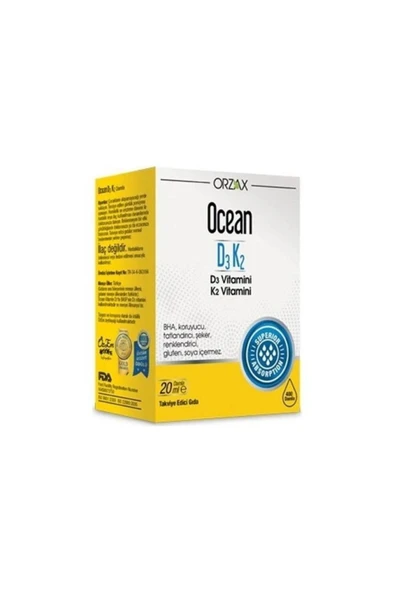 Ocean D3K2 Vitamin Damla 20 ml Kemiklerin korunmasına katkı sağlayan D3K2 vitamini desteği.orzx ürün görseli 1
