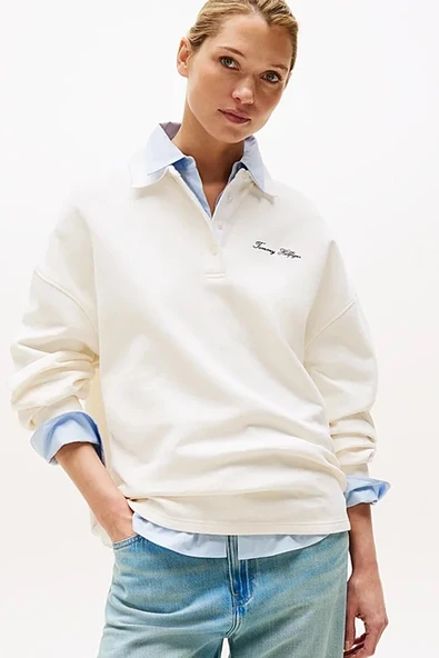 Tommy Hilfiger Kadın Yazı Baskılı Pike Rugby Beyaz Sweatshirt WW0WW45779YA8 ürün görseli 1