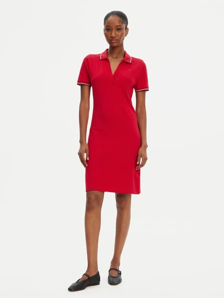 Tommy Hilfiger Kadın 1985 İkonik Şerit Detaylı Dar Kesim Polo Kırmızı Elbise WW0WW45740XLD ürün görseli 1