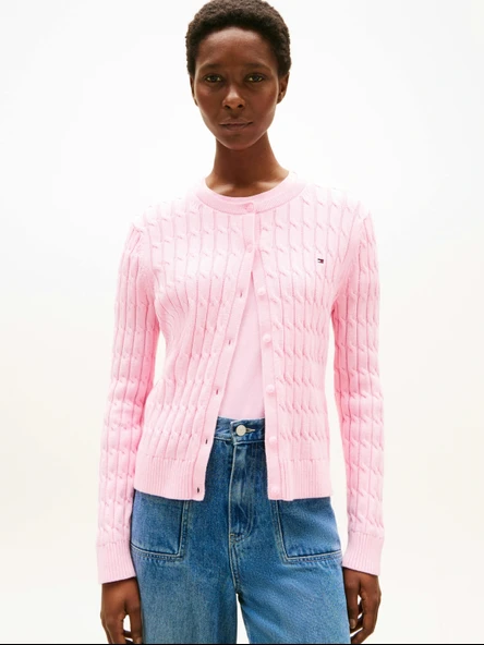 Tommy Hilfiger Kadın Pamuklu Orta Kalınlıkta Örgü Bisiklet Yaka Pembe Kazak WW0WW46514TOL ürün görseli 1