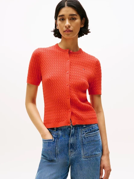 Tommy Hilfiger Kadın Pamuklu İnce Örgü Kısa Kollu Bisiklet Yaka Turuncu Triko  WW0WW45707SCX ürün görseli 1