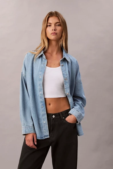 Calvin Klein Rahat Kesim Keten Denim Kadın  Mavi Gömlek LV047C709G-X1O ürün görseli 1