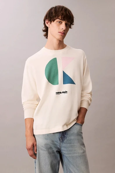 Calvin Klein Uzun Kollu Renk Bloklu Grafik Pamuklu Beyaz  Erkek Kazak LV04RC303G-YAS ürün görseli 1