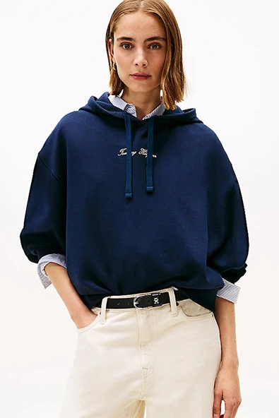 Tommy Hilfiger Klasik Yazı Baskılı Penye Kapüşonlu Kadın Sweatshirt  WW0WW48270C1G ürün görseli 1