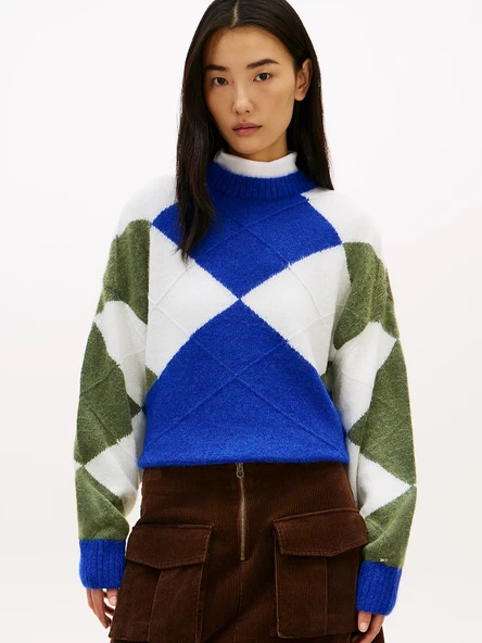 Tommy Hilfiger Alpaka Karışımlı Baklava Desenli Bisiklet Yaka Uzun Kollu Kadın Mavi Kazak WW0WW474640ZU ürün görseli 1