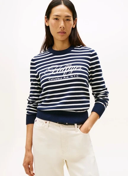 Tommy Hilfiger Pamuklu Penye Grafik Baskılı Bisiklet Yaka Uzun Kollu Kadın Lacivert Kazak WW0WW473040BI ürün görseli 1