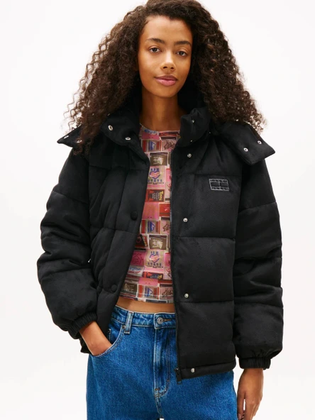 Tommy Hilfiger TJW Kapitone Kadife Şişme Kadın Siyah  Mont  DW0DW21668BDS ürün görseli 1