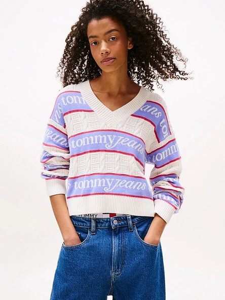 Tommy Hilfiger TJW Çizgili Logolu Kadın Beyaz Kazak DW0DW21682YBH ürün görseli 1