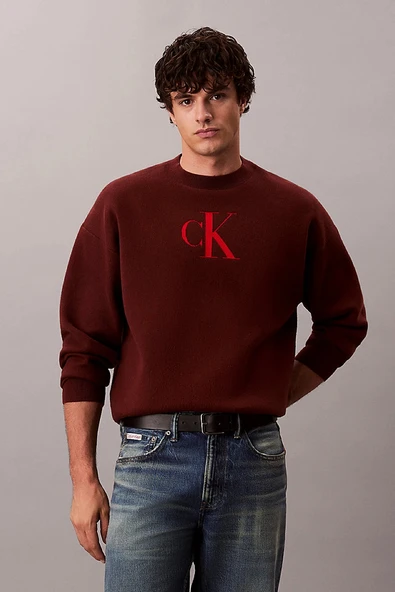 Calvin Klein Uzun Kollu Pamuklu Kaşmir 3D Logolu Bisiklet Yaka Erkek Kırmızı Kazak LV04RD305G-XWI ürün görseli 1
