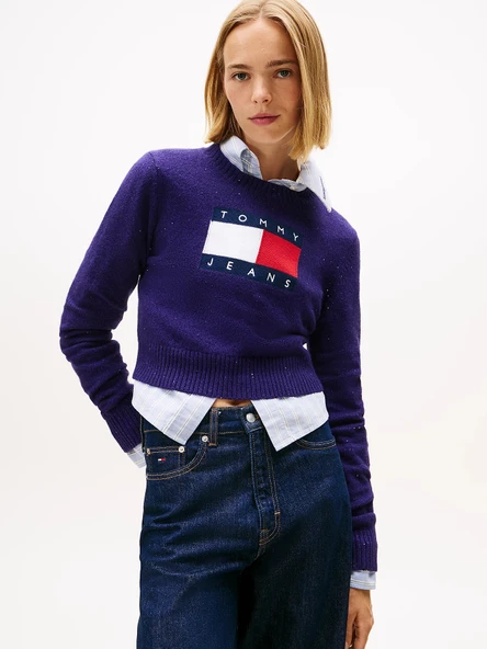 Tommy Hilfiger TJW Işıltılı Bayrak Desenli Kadın Mor Kazak DW0DW21690VLY ürün görseli 1