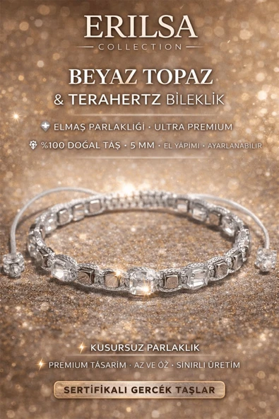 Sertifikalı Doğal Taş Beyaz Topaz Terahertz Bileklik - Küp Kesim Fasetli Parlak Premium Bileklik ürün görseli 1