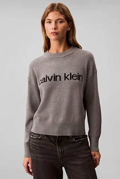 Calvin Klein Pamuklu Grafik Baskılı Kadın Gri Kazak LV047C311G-P7E ürün görseli 1