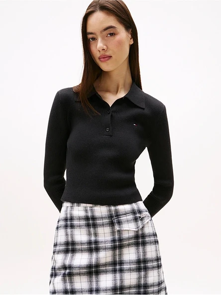Tommy Hilfiger TJW Klasik Polo Uzun Kollu Kadın Siyah Kazak DW0DW21829BDS ürün görseli 1