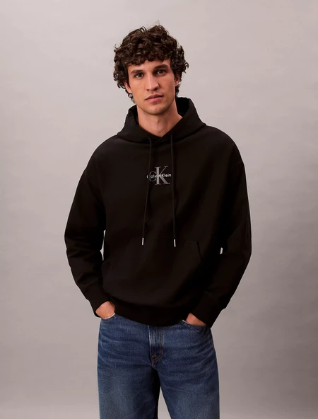 Calvin Klein Premium Penye Mikro Monologolu Kapüşonlu Erkek Siyah Sweatshirt LV04RC281G-UB1 ürün görseli 1