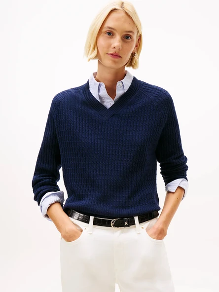 Tommy Hilfiger Yün Kaşmir Karışımlı Saç Örgülü V Yaka Uzun Kollu Kadın Lacivert Kazak WW0WW464170Z0 ürün görseli 1