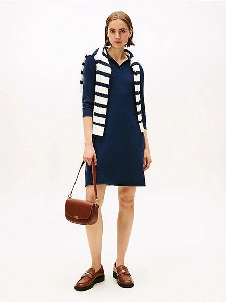 Tommy Hilfiger Yün Kaşmir Karışımlı Saç Örgülü Yarım Balıkçı Yaka Uzun Kollu Kadın Mavi Elbise WW0WW46430C1G ürün görseli 1