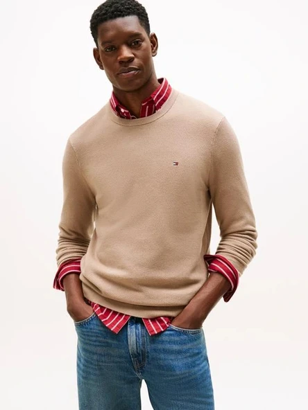Tommy Hilfiger Klasik Dokulu Bisiklet Yaka Erkek Bej Kazak MW0MW36347AFE ürün görseli 1