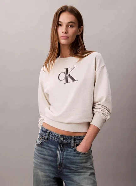 Calvin Klein Monologo Uzun Kollu Rahat Kesim Penye Bisiklet Yaka Kadın Gri Sweatshirt LV047B234G-P4P ürün görseli 1