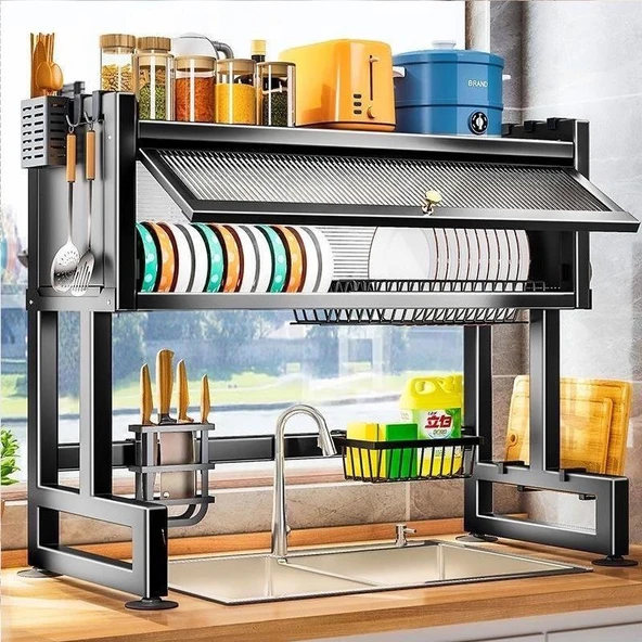 Valkyrie Evye Üstü Bulaşık Kurutmalık 105x30x80 cm Çok Amaçlı Mutfak Organizer Raf Siyah ürün görseli 1