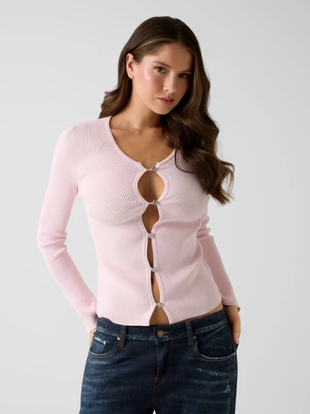 Guess Uzun Kollu Bisiklet Yaka Stella Hırka Triko Kadın Pembe Triko W6RR35Z0132-A627 ürün görseli 1