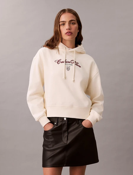 Calvin Klein Uzun Kollu Kısa Grafikli Kapüşonlu Kadın Beyaz Sweatshirt LV047E208G-YAT ürün görseli 1