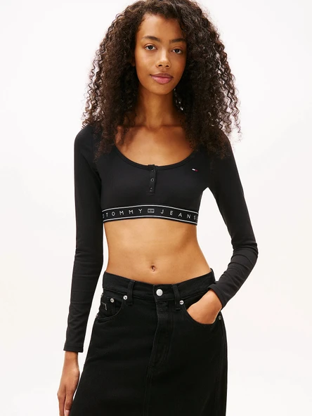 Tommy Hilfiger TJW Kısa Şerit Detaylı Uzun Kollu Fitilli Kadın Siyah Büstiyer DW0DW22538BDS ürün görseli 1